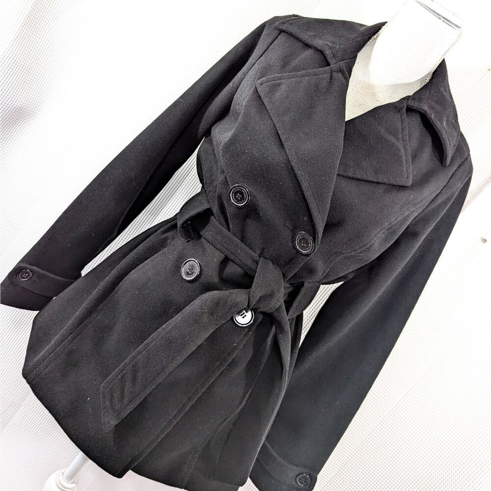 JOU JOU! ADORABLE LUXE! BLACK WOOL LOOK BELTED TIE WAIST JACKET, COAT! SZ S